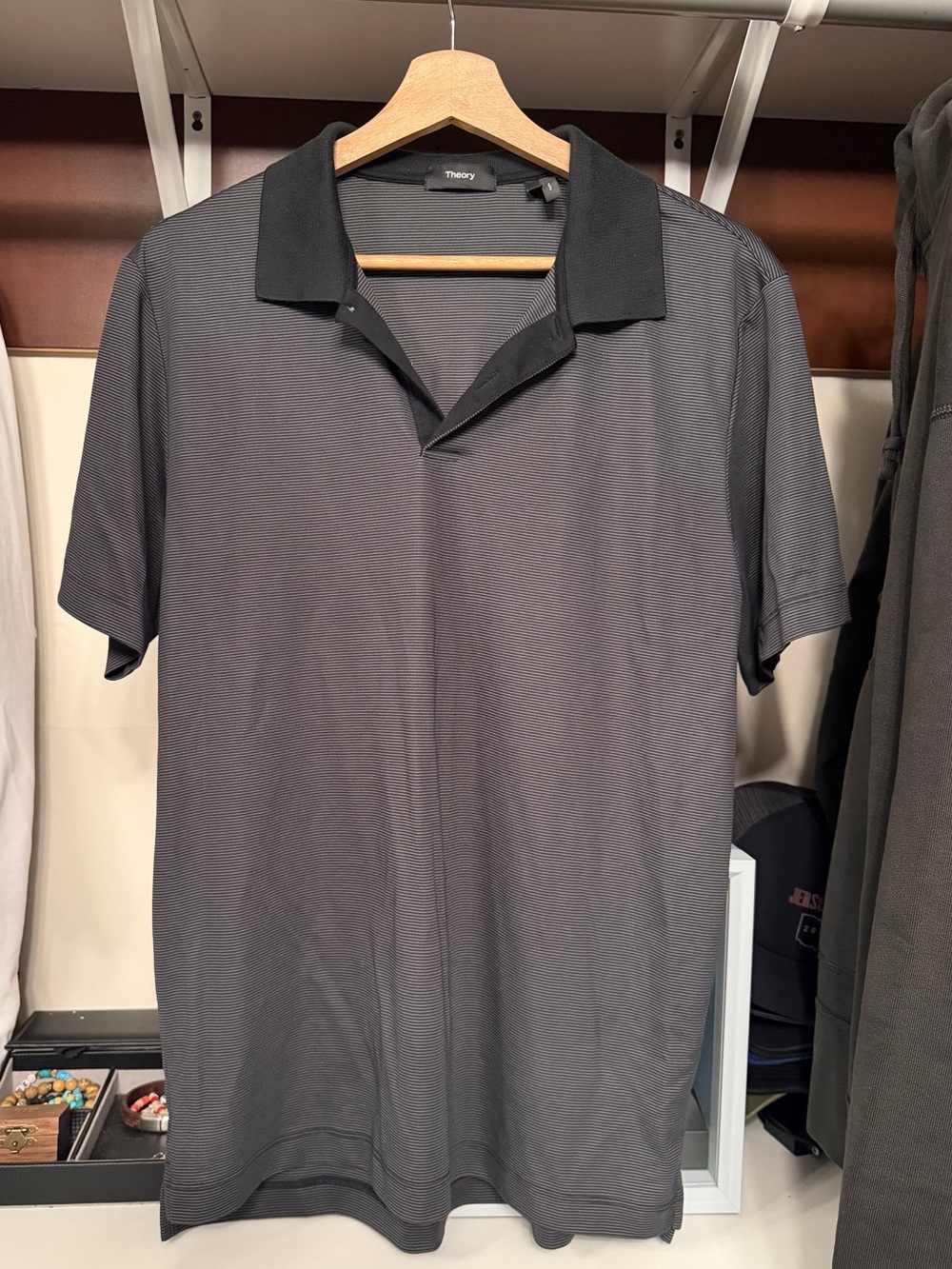 Theory Men's Dark Gray Short-Sleeve Polo with Black Collar